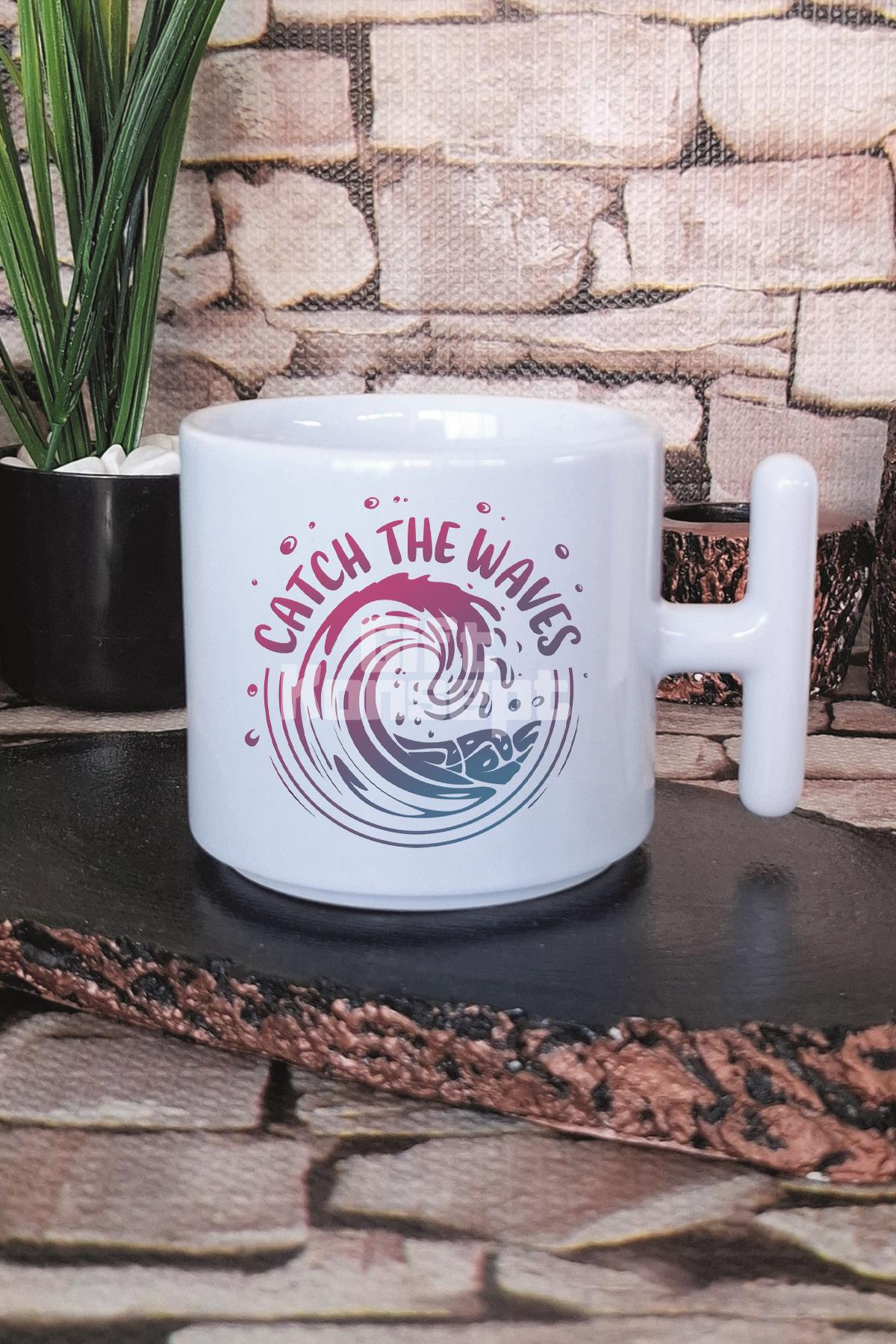 Catch The Waves Baskılı T Kulplu Latte Fincanı Kupa Bardak