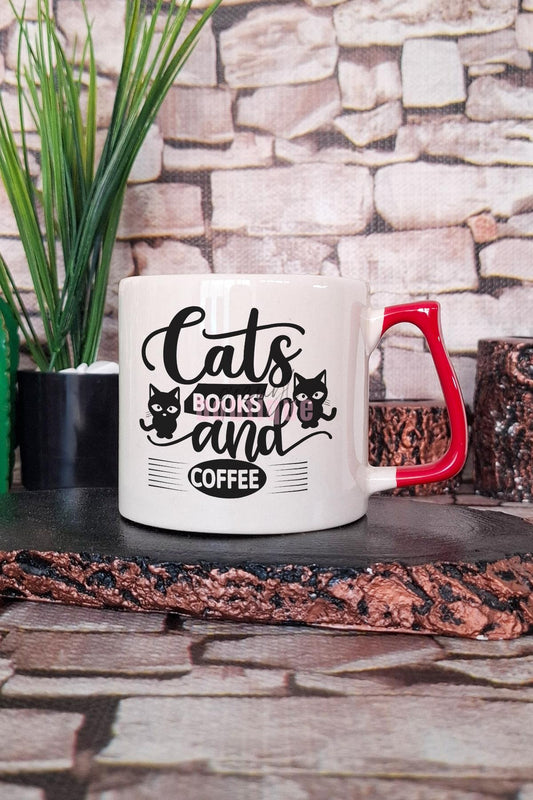 Cats Books And Coffee Temalı Kedi Kitap Kahve Sever Hediyelik Kulplu Kupa Bardak