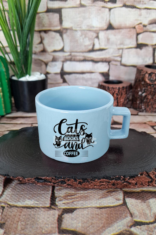 Cats Books And Coffee Temalı Kedi Kitap Kahve Sever Kare Kulplu Fincan Mavi Kupa Bardak