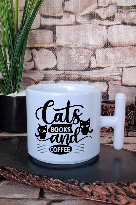 Cats Books And Coffee Temalı Kedi Kitap Kahve Hediyelik Baskılı T Kulplu Latte Fincanı Kupa Bardak