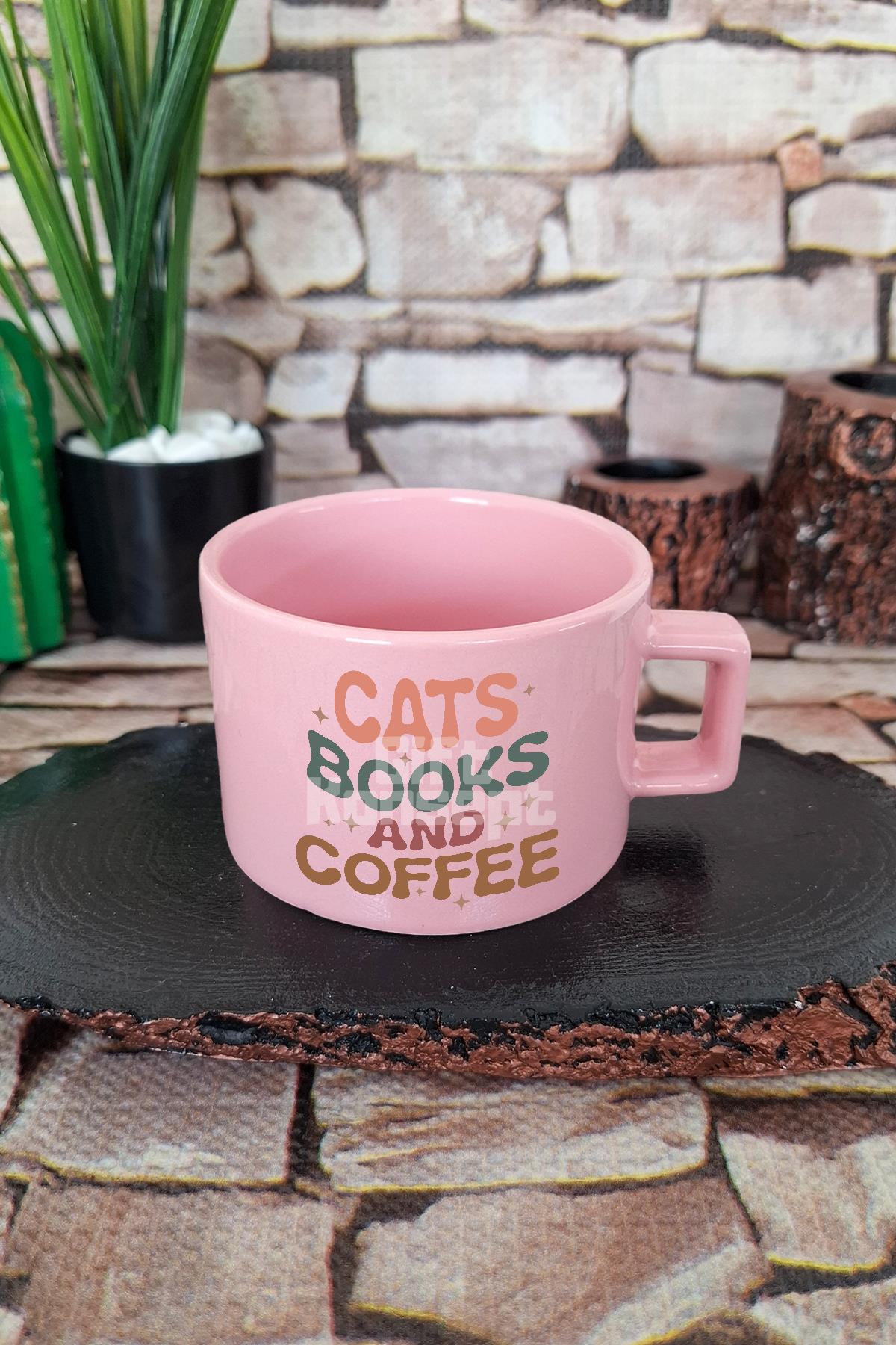 Cats Books And Coffee Temalı Kedi Kitap Kahve Üçlüsü Kare Kulplu Fincan Mavi Kupa Bardak