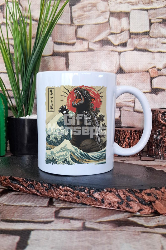 Catzilla 2 Baskılı Japon Kedi Sanatı Anime Manga Figürü Hediye Baskılı Kupa Bardak