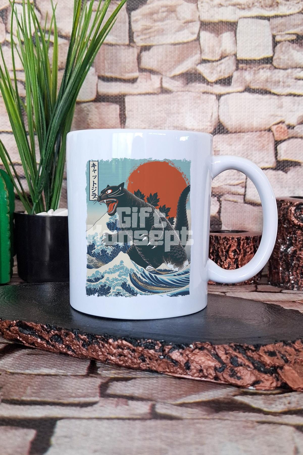 Catzilla Baskılı Japon Sevimli Kedi Anime Manga Hediyelik Baskılı Çay Kahve Sunum Kupa Bardak