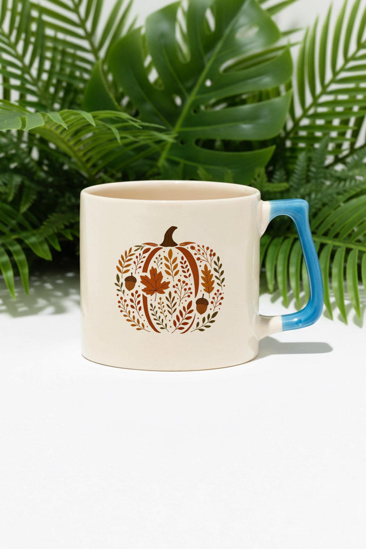 Chinoiserie Pumpkin Floral Fall Baskılı Mavi D Kulplu Kupa Bardak