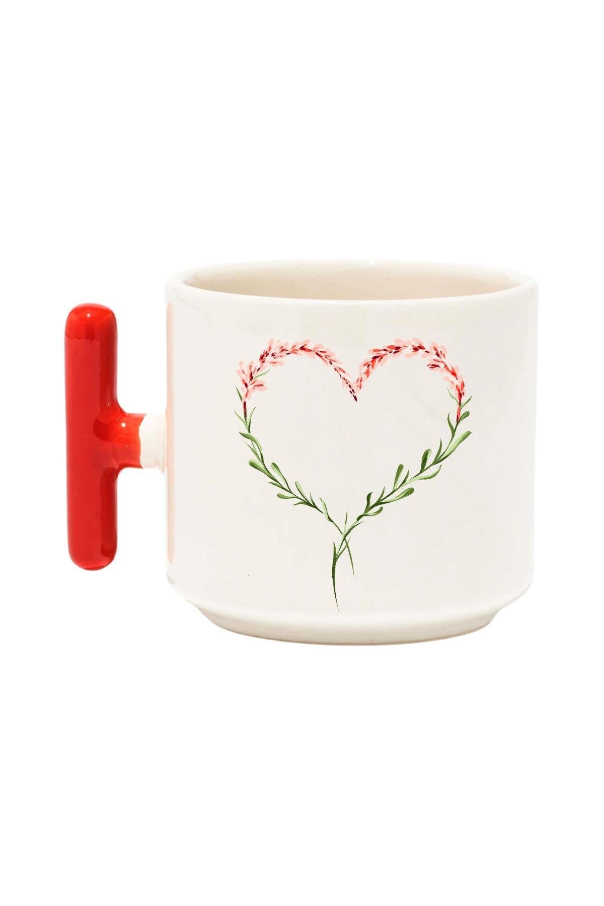 Çiçek Süslemeli Kalp Baskılı Renkli T Kulplu Hediyelik Latte Fincanı Kupa Bardak