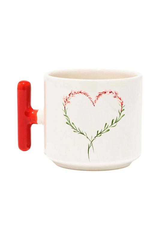 Çiçek Süslemeli Kalp Baskılı Renkli T Kulplu Hediyelik Latte Fincanı Kupa Bardak