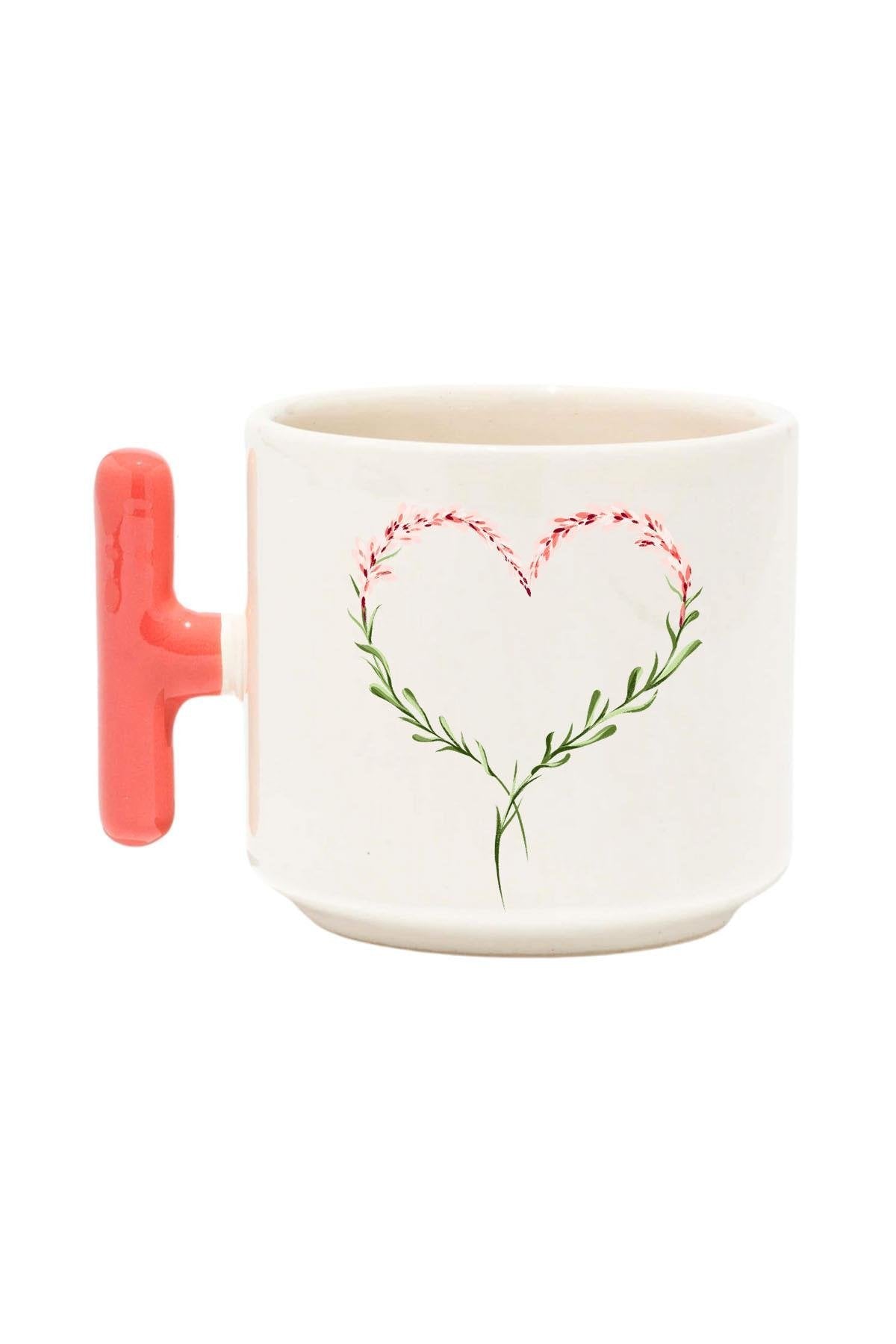 Çiçek Süslemeli Kalp Baskılı Renkli T Kulplu Hediyelik Latte Fincanı Kupa Bardak