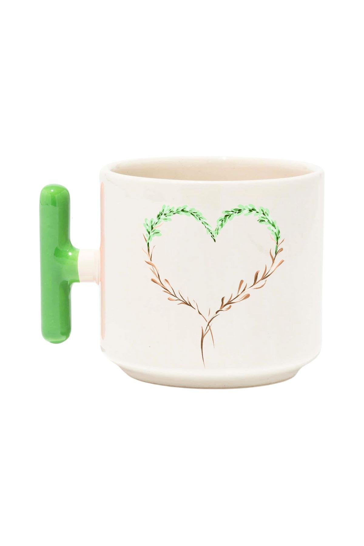 Çiçek Süslemeli Kalp Baskılı Renkli T Kulplu Hediyelik Latte Fincanı Kupa Bardak