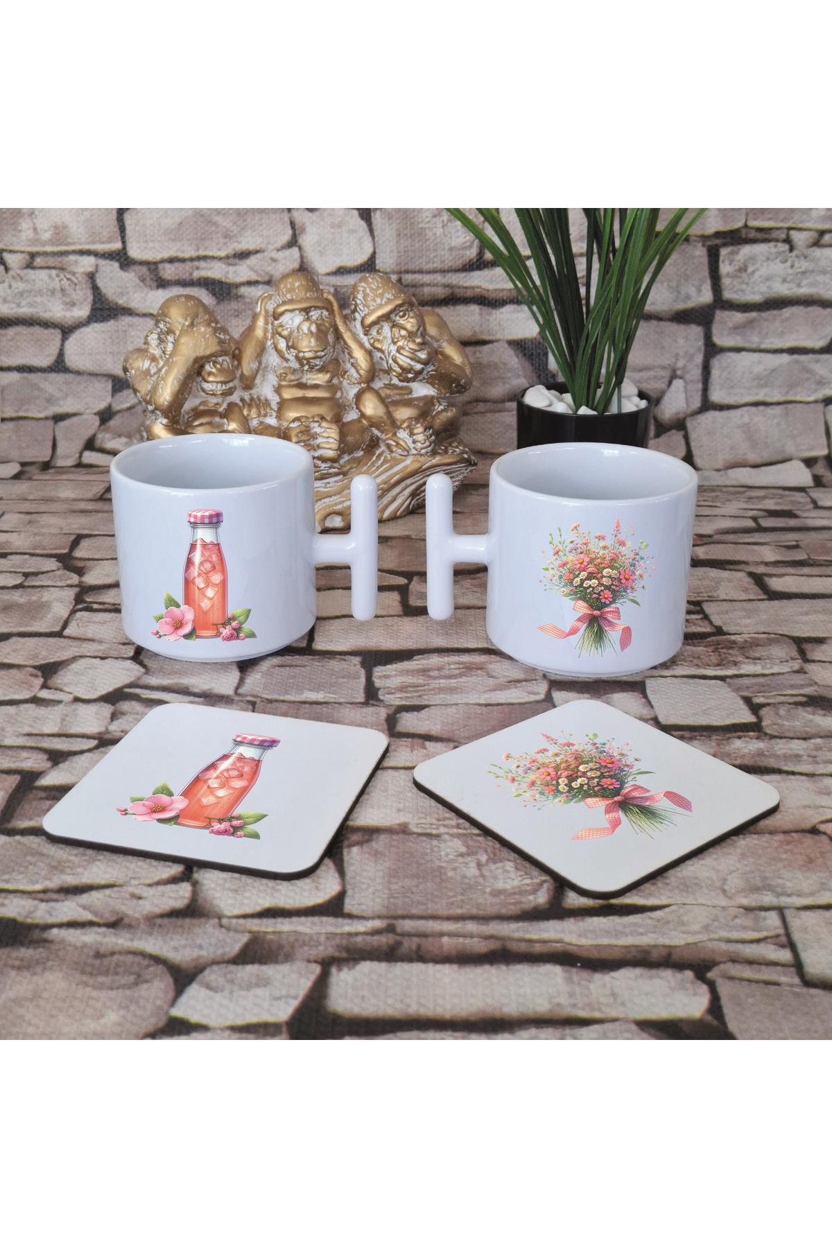 Çiçek ve Kokteyl Baskılı 4'lü Set Ahşap Bardak Altlığı ve Latte Fincanı T Kulplu Kupa Bardak