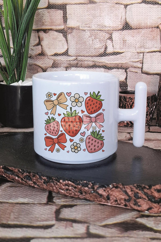 Çilek Ve Kurdele No:3 Baskılı T Kulplu Latte Fincanı Kupa Bardak