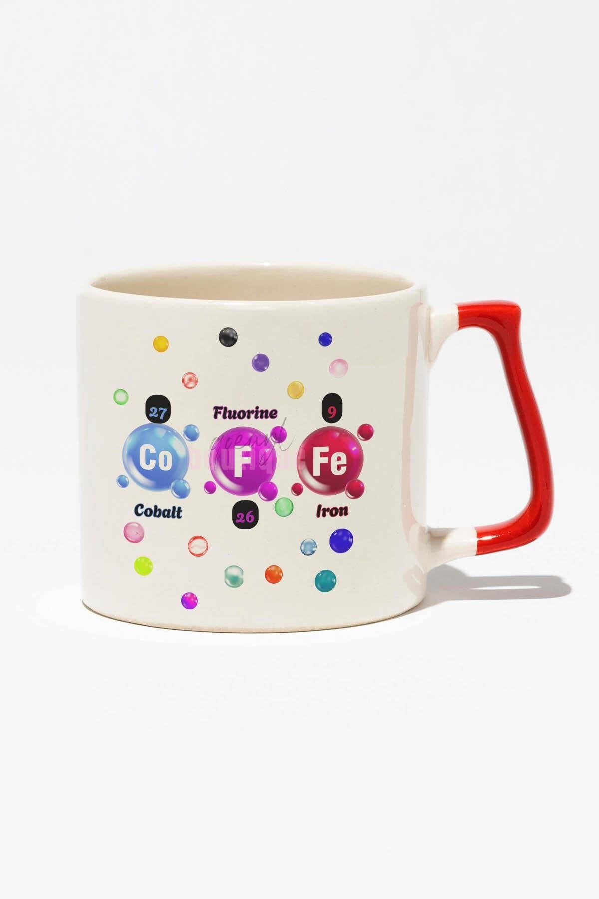 Coffee Baskılı | Periyodik Tablo Hediyelik | Kırmızı Kulplu Modern Seramik Kupa