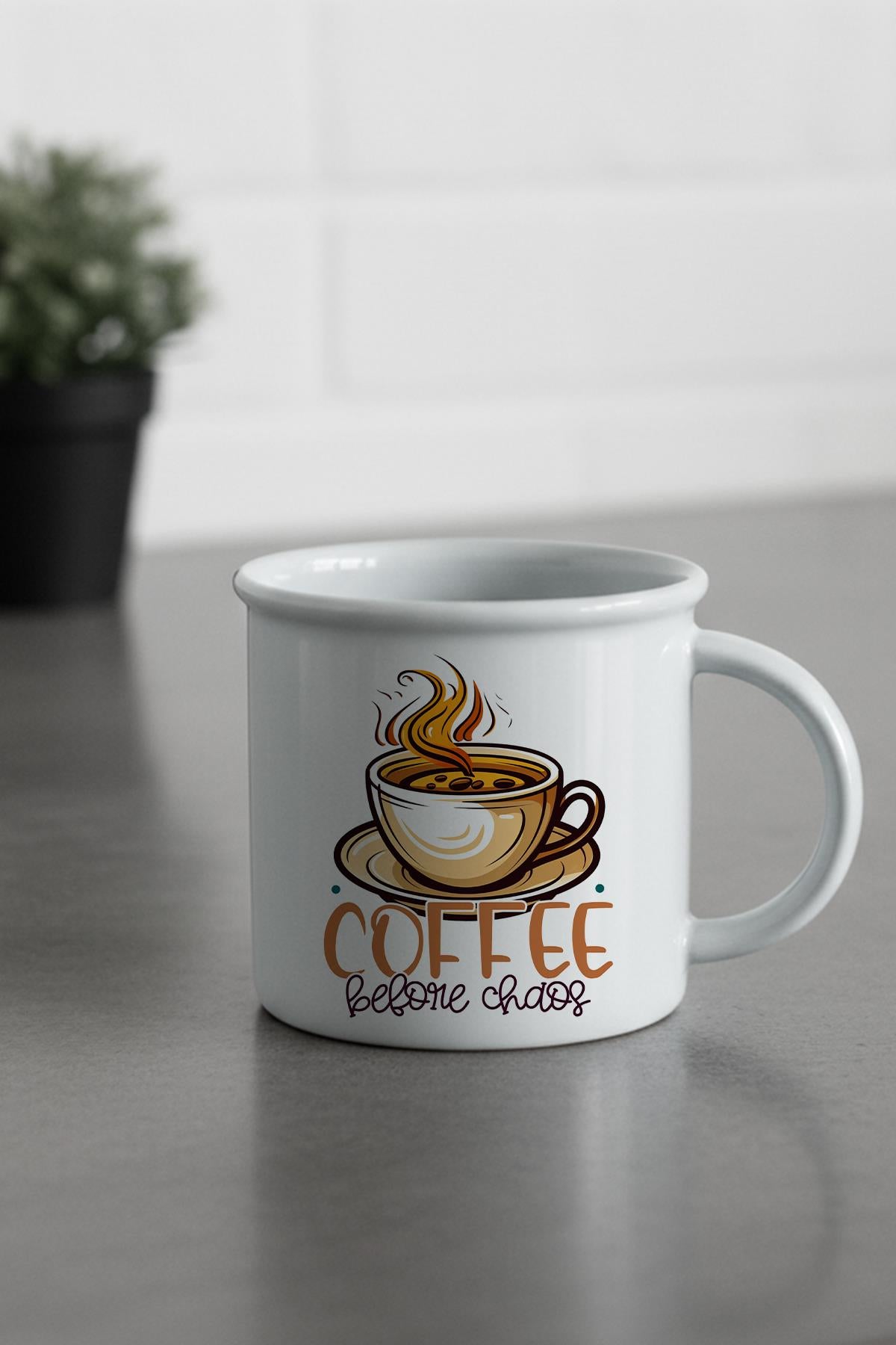 Coffee Before Chaos Baskılı Enamel Görünümlü Seramik Vintage Kupa Bardak