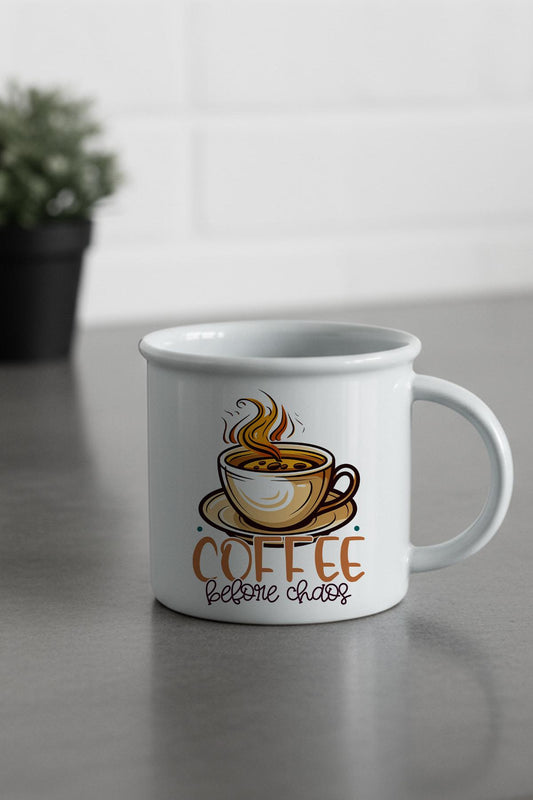 Coffee Before Chaos Baskılı Enamel Görünümlü Seramik Vintage Kupa Bardak