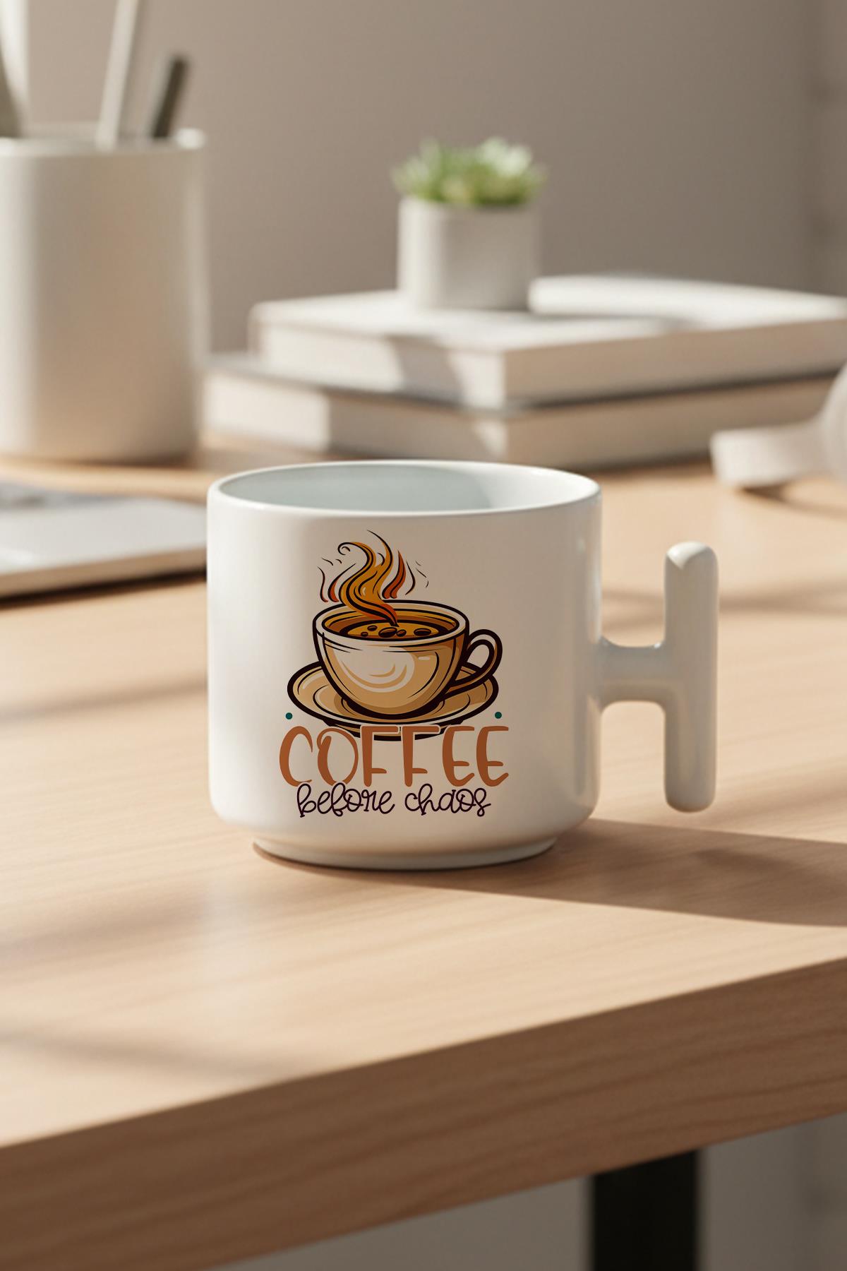 Coffee Before Chaos Baskılı Hediyelik T Kulplu Latte Fincanı Kupa Bardak