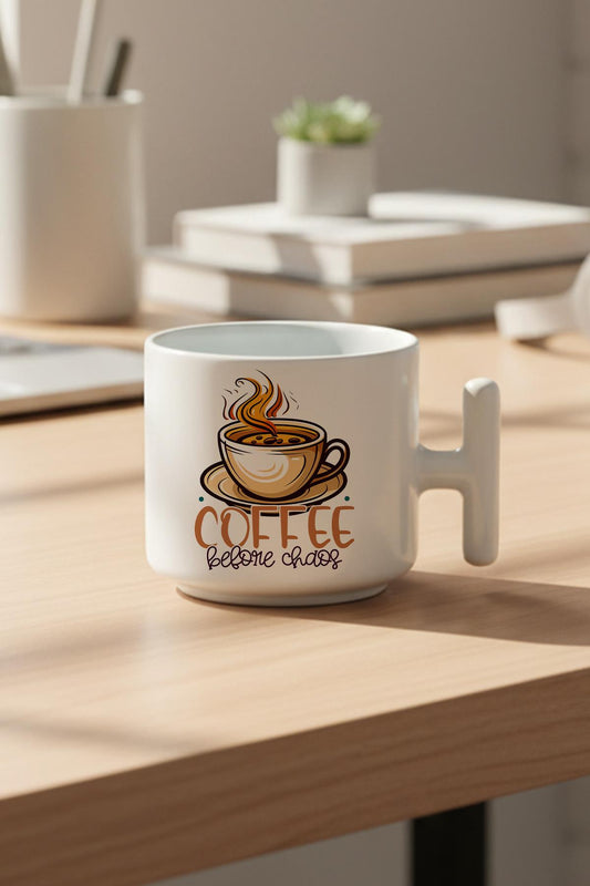 Coffee Before Chaos Baskılı Hediyelik T Kulplu Latte Fincanı Kupa Bardak