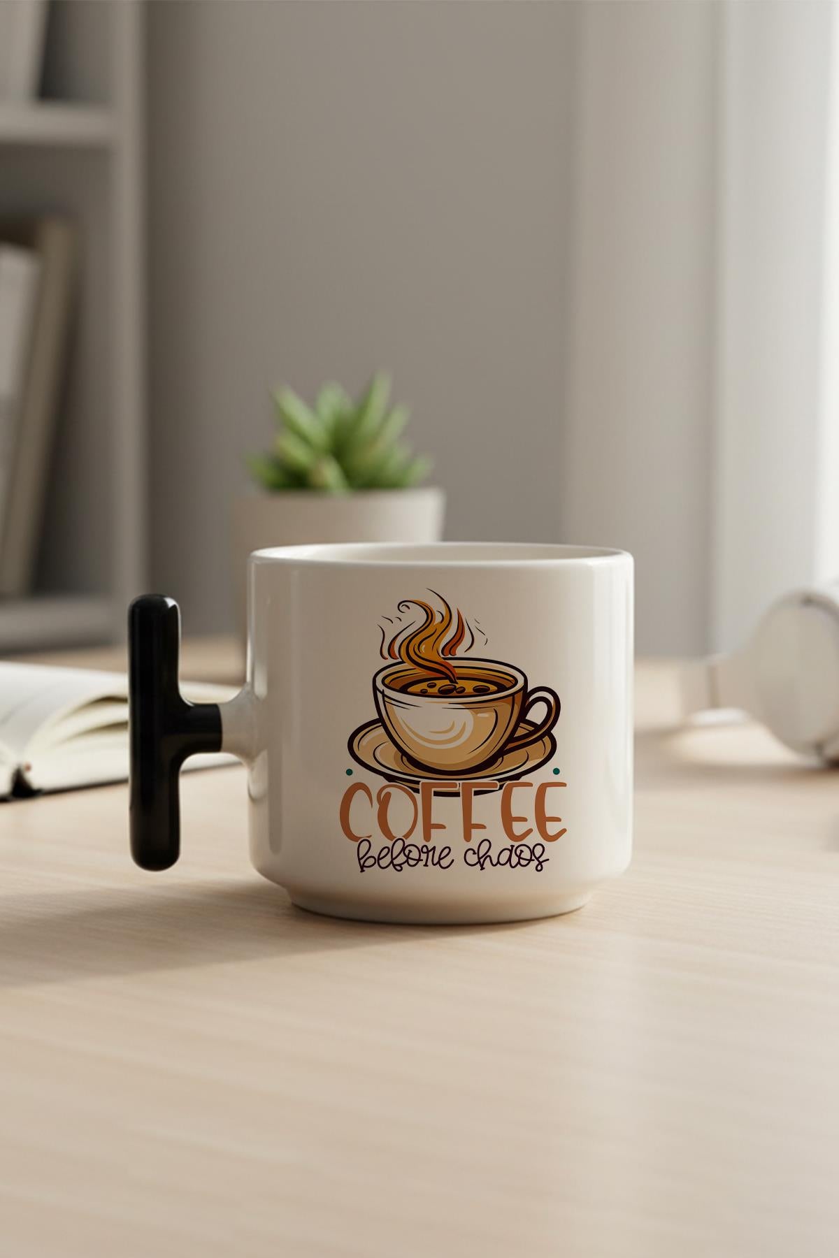 Coffee Before Chaos Baskılı Hediyelik T Kulplu Latte Fincanı Kupa Bardak