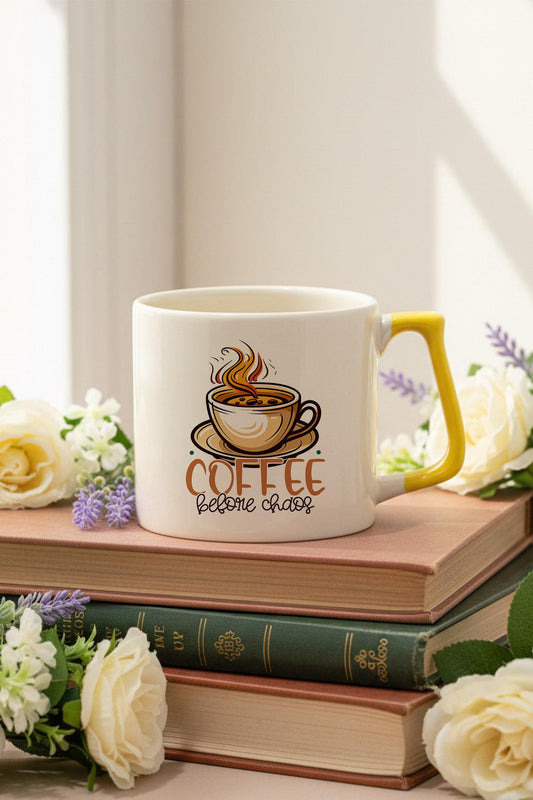 Coffee Before Chaos Baskılı Sarı D Kulplu Kupa Bardak