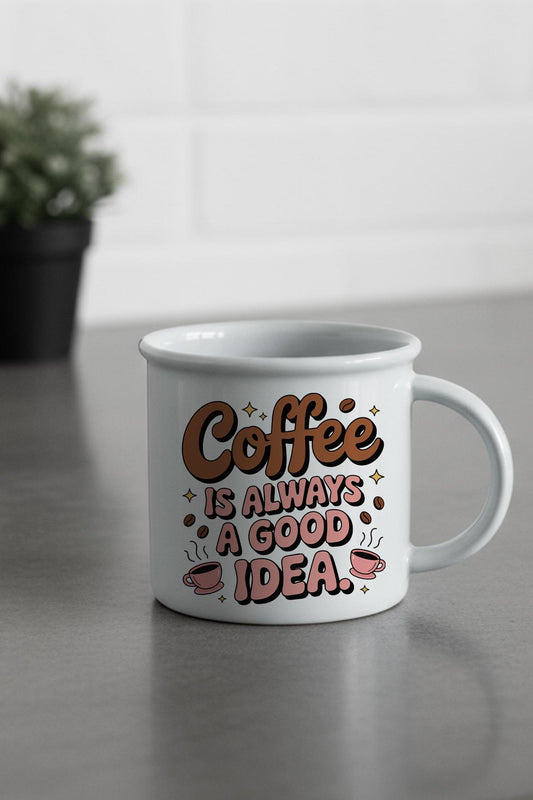Coffee Is Always Good Idea Baskılı Enamel Görünümlü Seramik Vintage Kupa Bardak