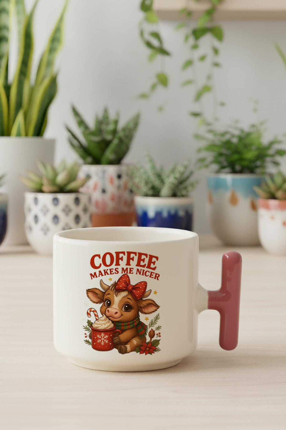Coffee Makes Me Nicer Sevimli İnek Baskılı Hediyelik T Kulplu Latte Fincanı Kupa Bardak