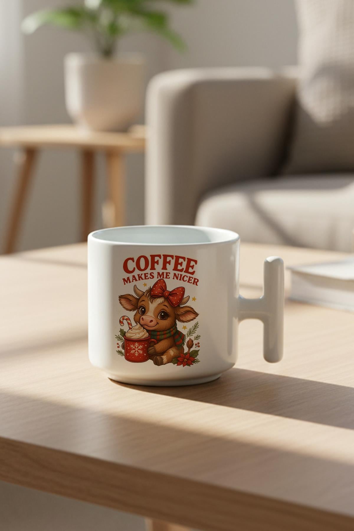 Coffee Makes Me Nicer Sevimli İnek Baskılı Hediyelik T Kulplu Latte Fincanı Kupa Bardak