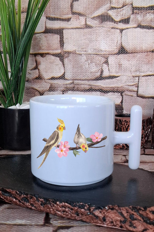 Dallarda Cıvıl Cıvıl Kuş Baskılı T Kulplu Latte Fincanı Kupa Bardak