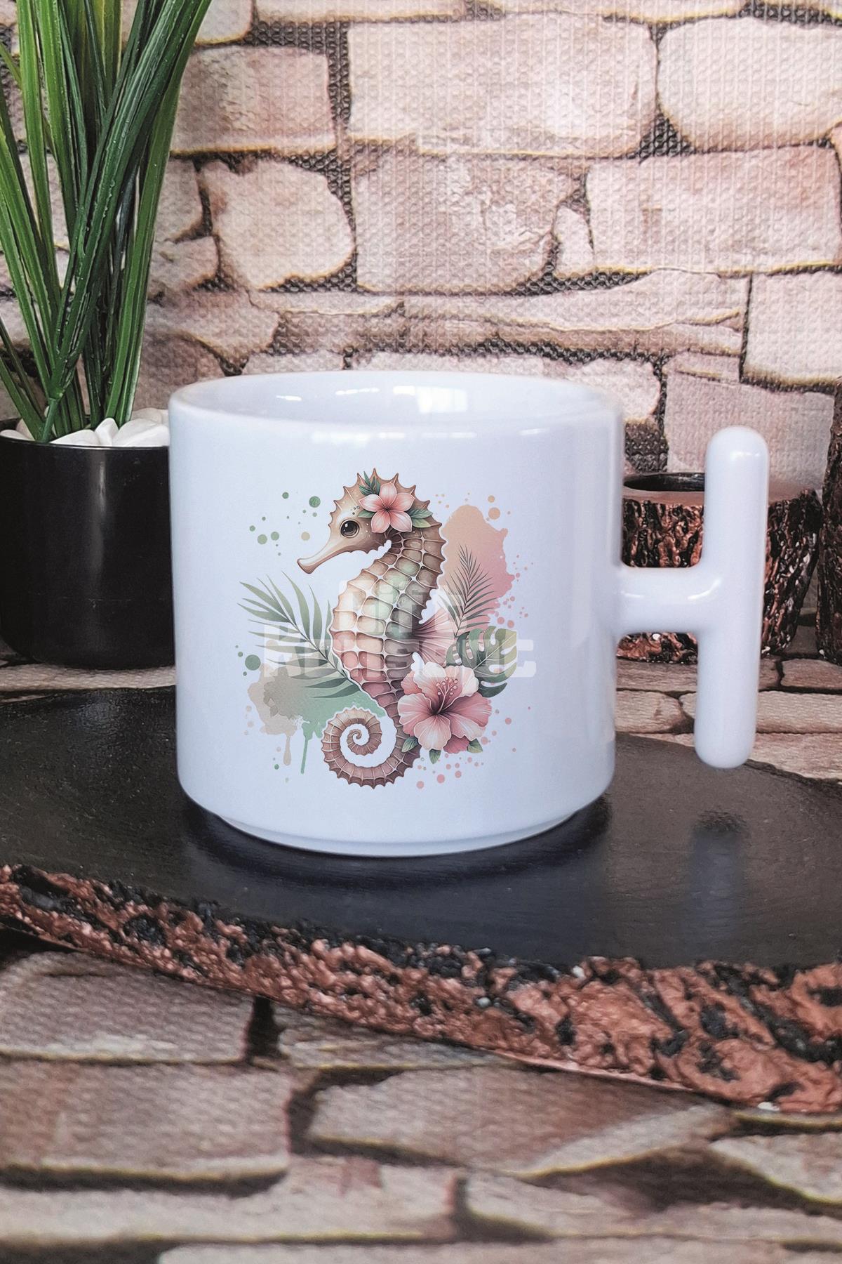 Deniz Atı Baskılı T Kulplu Latte Fincanı Kupa Bardak