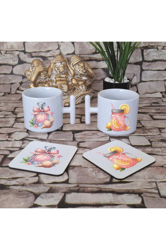 Deniz Kabukları Yaz Baskılı 4'lü Set Ahşap Bardak Altlığı ve Latte Fincanı T Kulplu Kupa Bardak