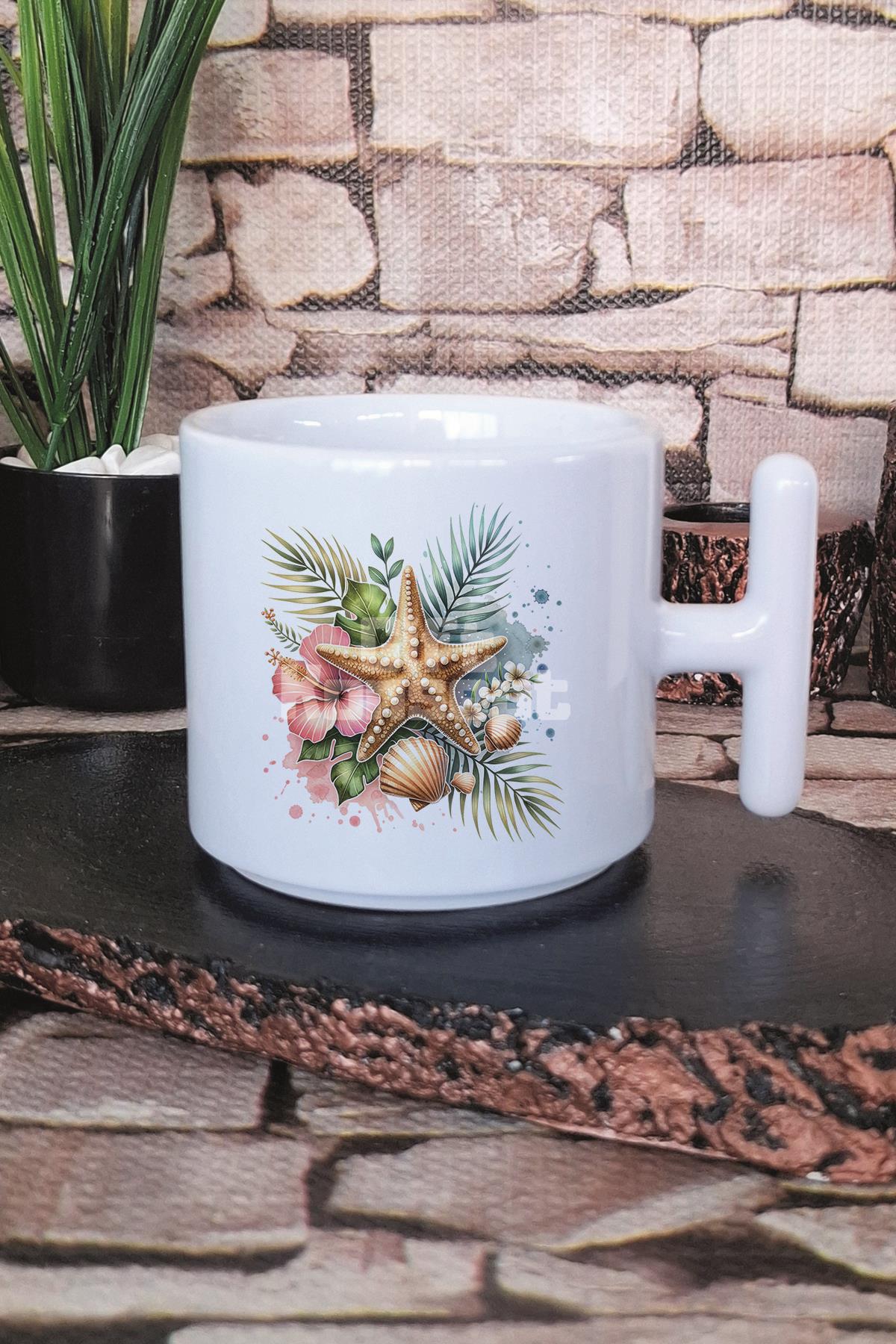 Deniz Yıldızı Baskılı T Kulplu Latte Fincanı Kupa Bardak