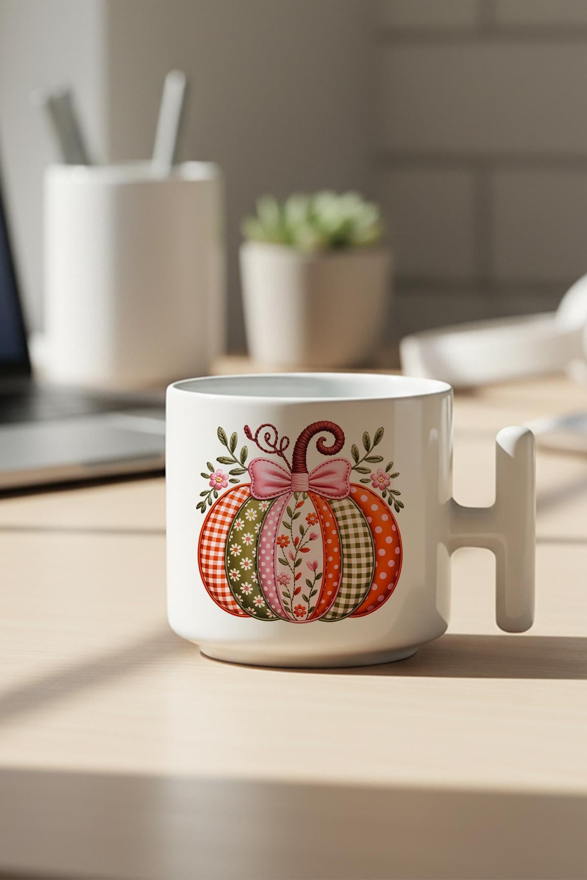 Desenli Balkabağı Baskılı Hediyelik T Kulplu Latte Fincanı Kupa Bardak