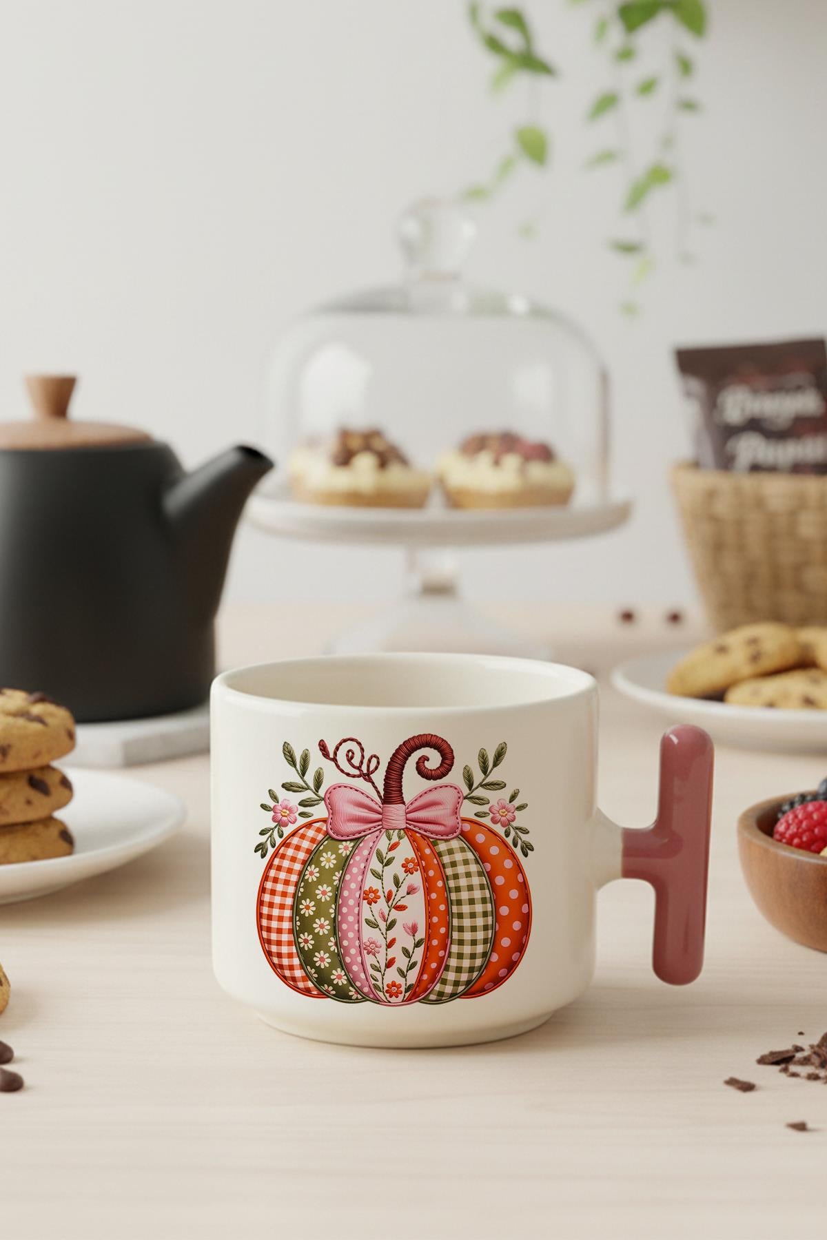 Desenli Balkabağı Baskılı Hediyelik T Kulplu Latte Fincanı Kupa Bardak