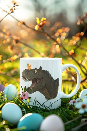 Dinozoru Alt Eden Kedi Baskılı Eğlenceli Hediyelik Beyaz Seramik Kupa Bardak