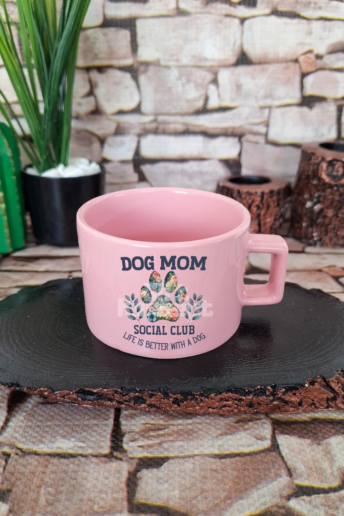 Dog Social Mom Yazılı Köpeksever Kare Kulplu Fincan Pembe Kupa Bardak