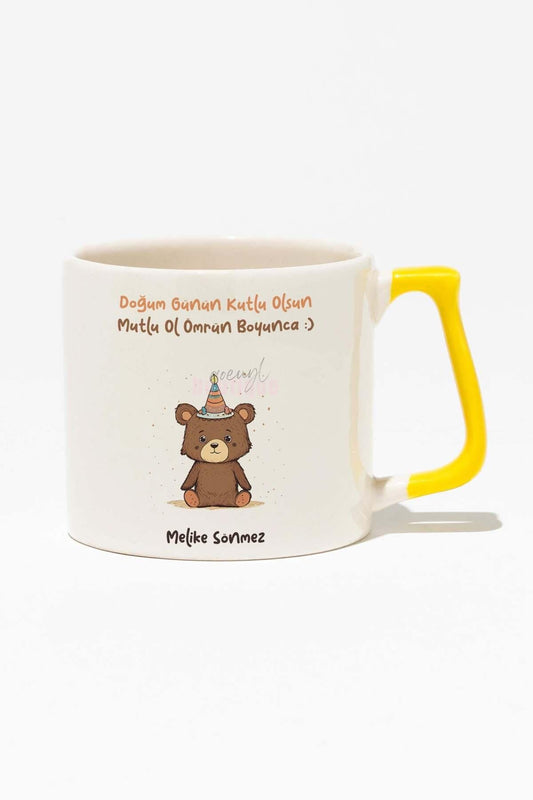 Doğum Günü İsme Özel Kişiselleştirilebilir Hediyelik Baskılı Sarı Kulplu Modern Seramik Kupa