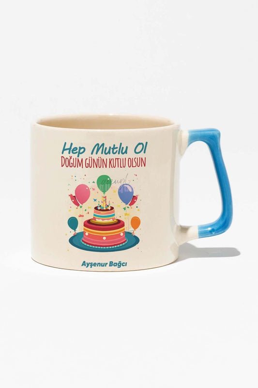 Doğum Günü İsme Özel Kişiselleştirilebilir Hediyelik Baskılı Mavi Kulplu Modern Seramik Kupa