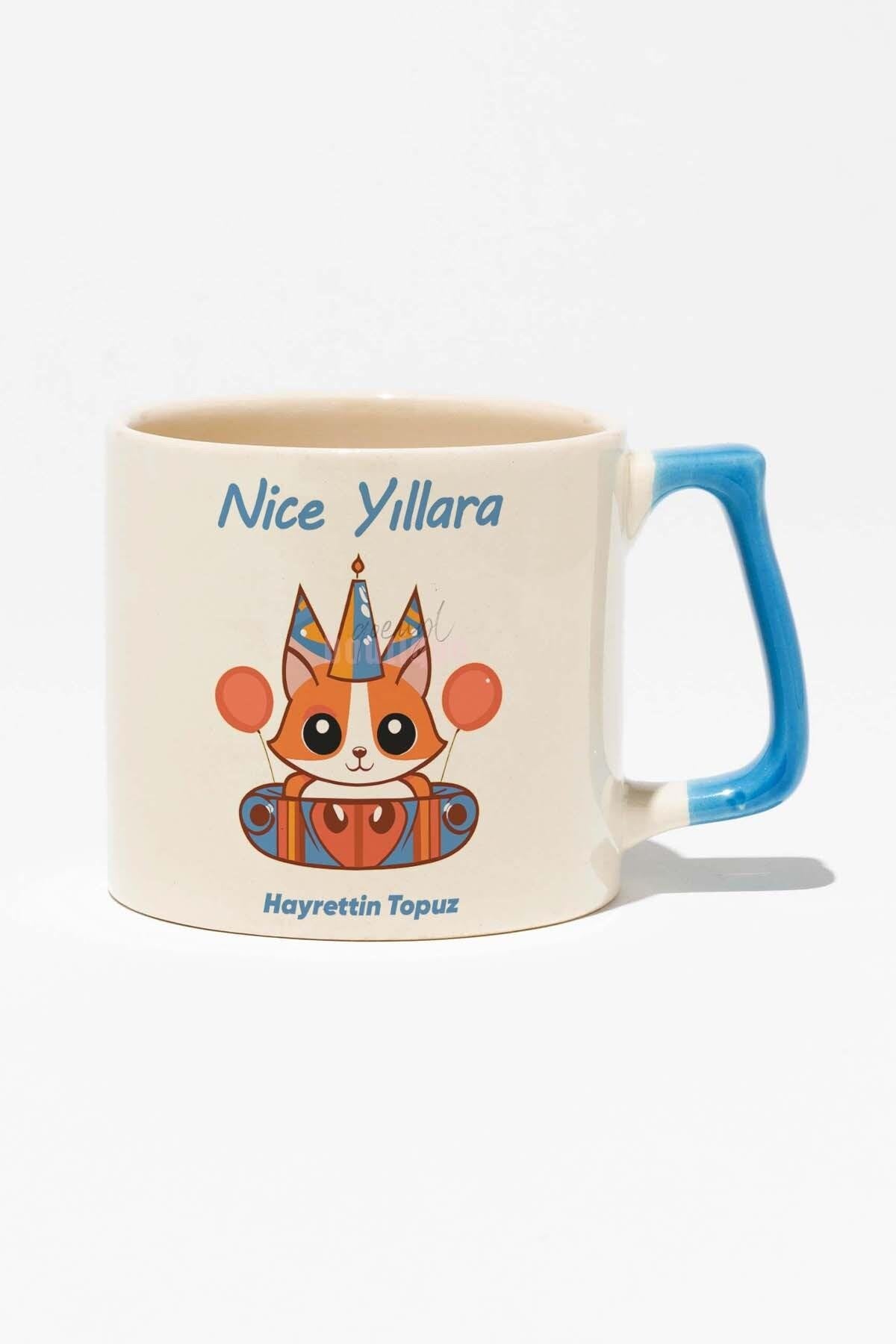 Doğum Günü İsme Özel Kişiselleştirilebilir Hediyelik Baskılı Mavi Kulplu Modern Seramik Kupa