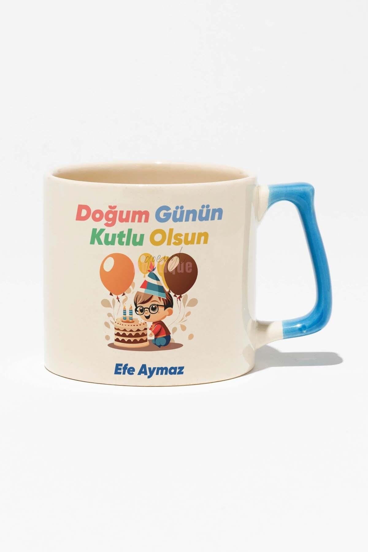 Doğum Günü İsme Özel Kişiselleştirilebilir Hediyelik Baskılı Mavi Kulplu Modern Seramik Kupa