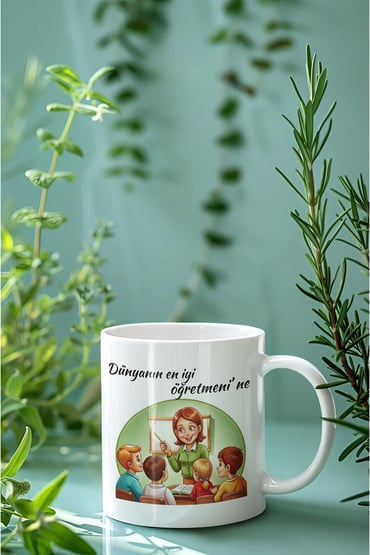 Dünyanın En İyi Öğretmen'ine 8 Baskılı Hediyelik Beyaz Seramik Kupa Bardak