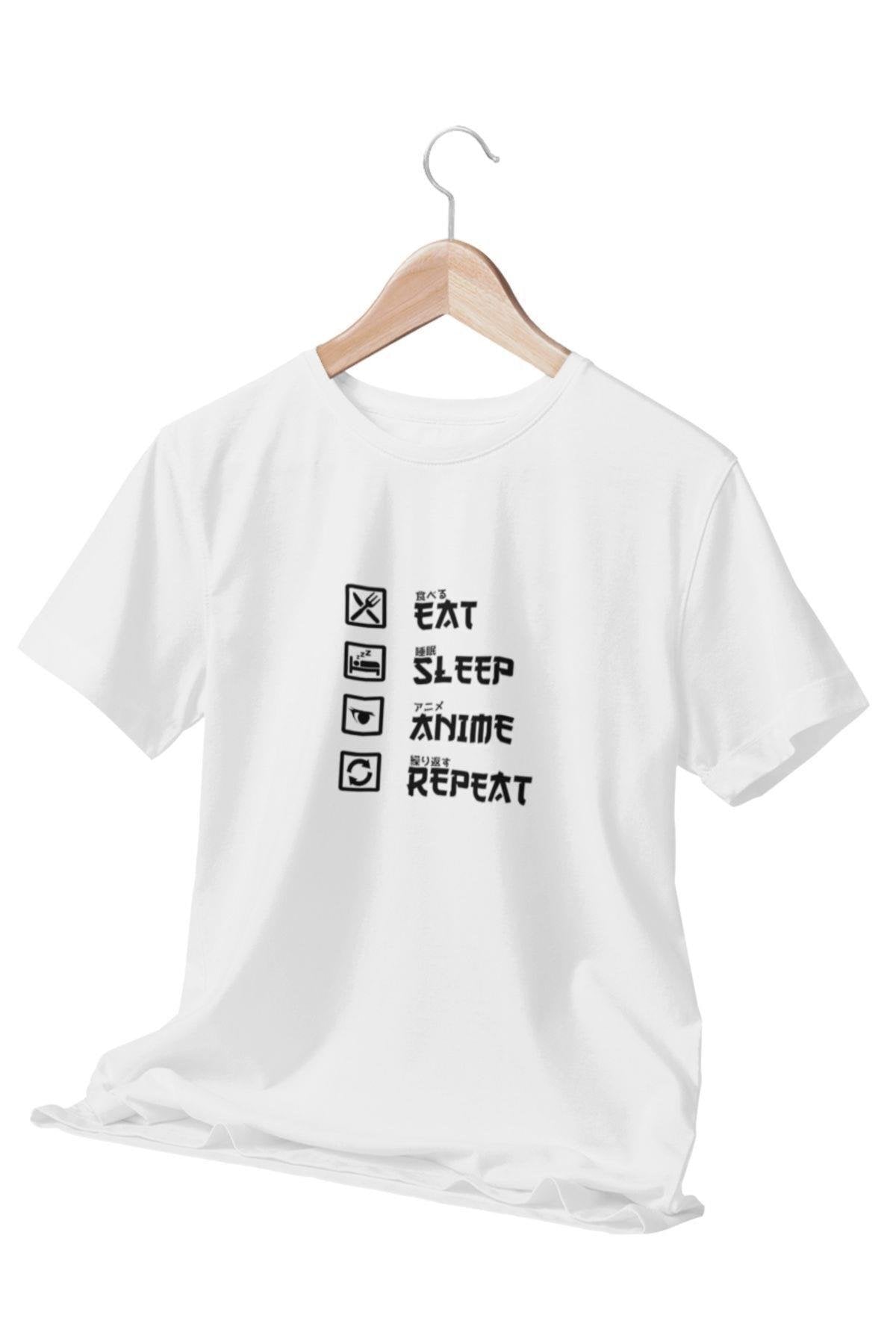 Eat Sleep Anime Repeat Baskılı Eğlenceli Hediyelik Beyaz Unisex T-Shirt