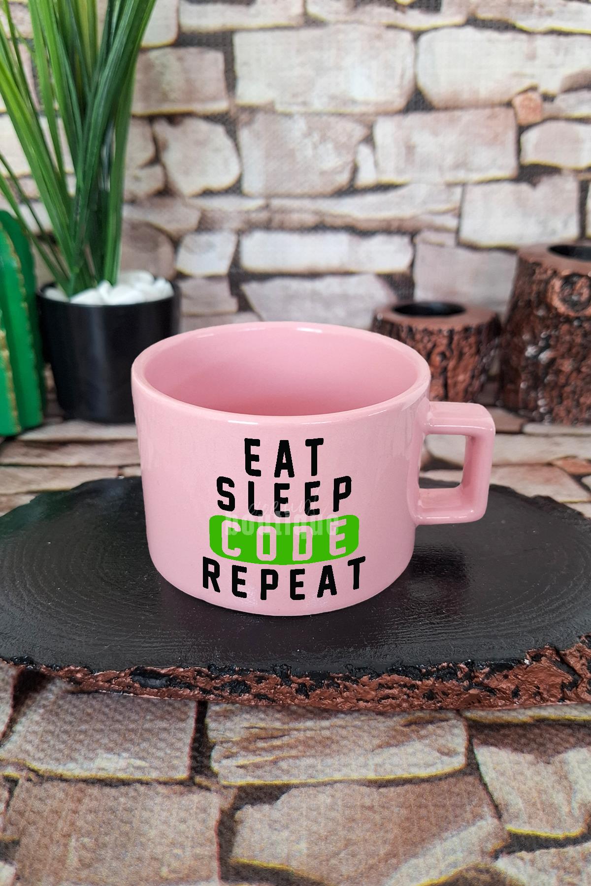 Eat Sleep Code Repeat 2 Baskılı Yazılımcı Kare Kulplu Fincan Mavi Kupa Bardak