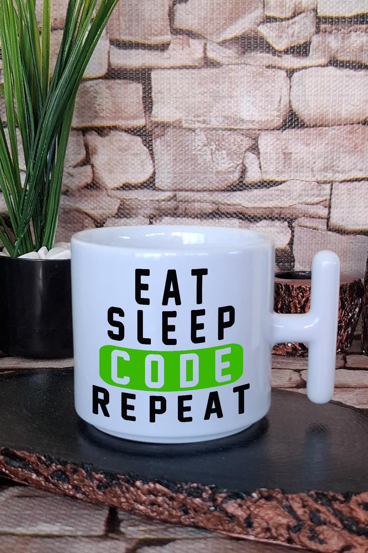 Eat Sleep Code Repeat 2 Baskılı Yazılımcı Hediyelik Baskılı T Kulplu Latte Fincanı Kupa Bardak