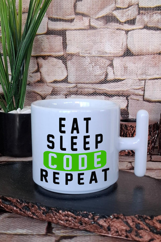 Eat Sleep Code Repeat 2 Baskılı Yazılımcı Hediyelik Baskılı T Kulplu Latte Fincanı Kupa Bardak