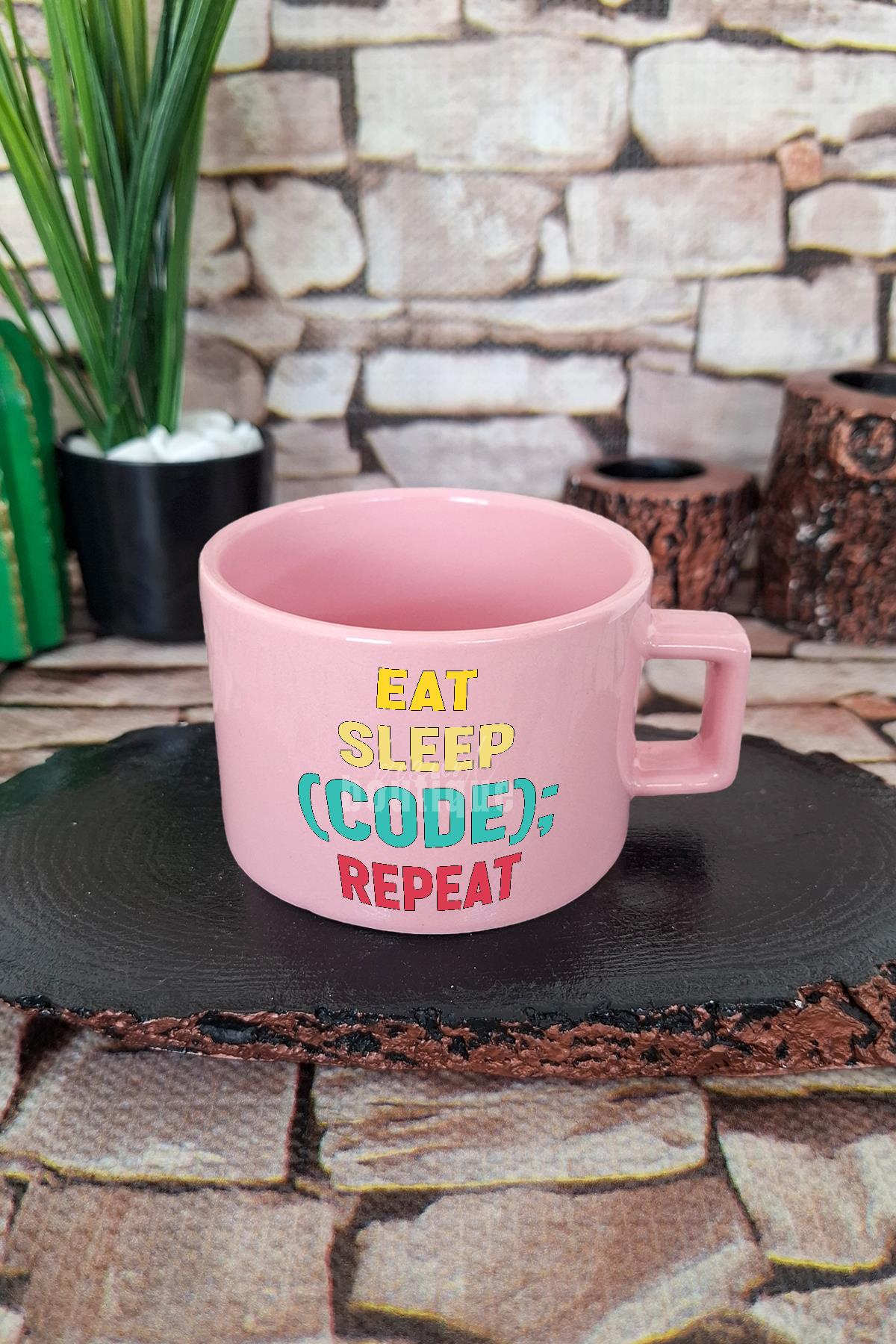 Eat Sleep Code Repeat Baskılı Yazılımcı Kare Kulplu Fincan Mavi Kupa Bardak