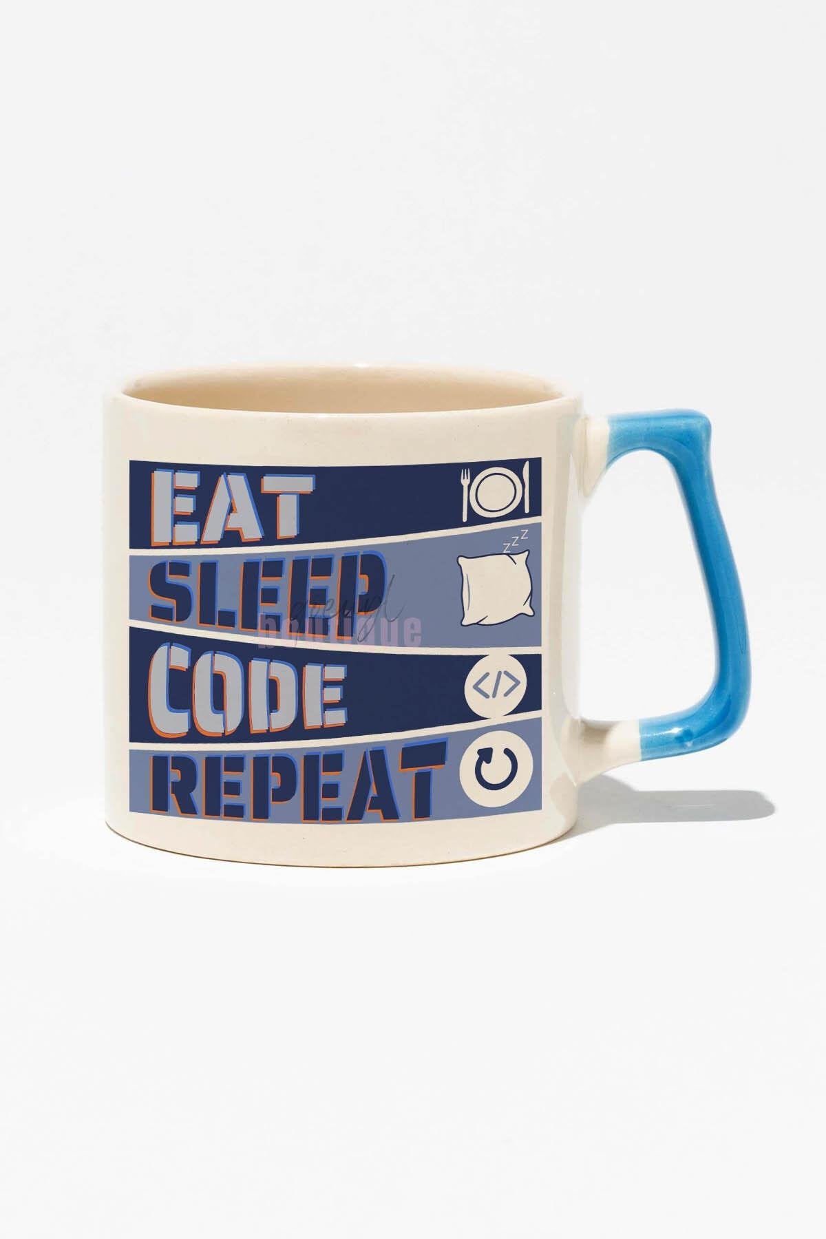 Eat Sleep Code Repeat Baskılı | Yazımcı Mühendis Hediyelik | Kırmızı Kulplu Modern Seramik Kupa