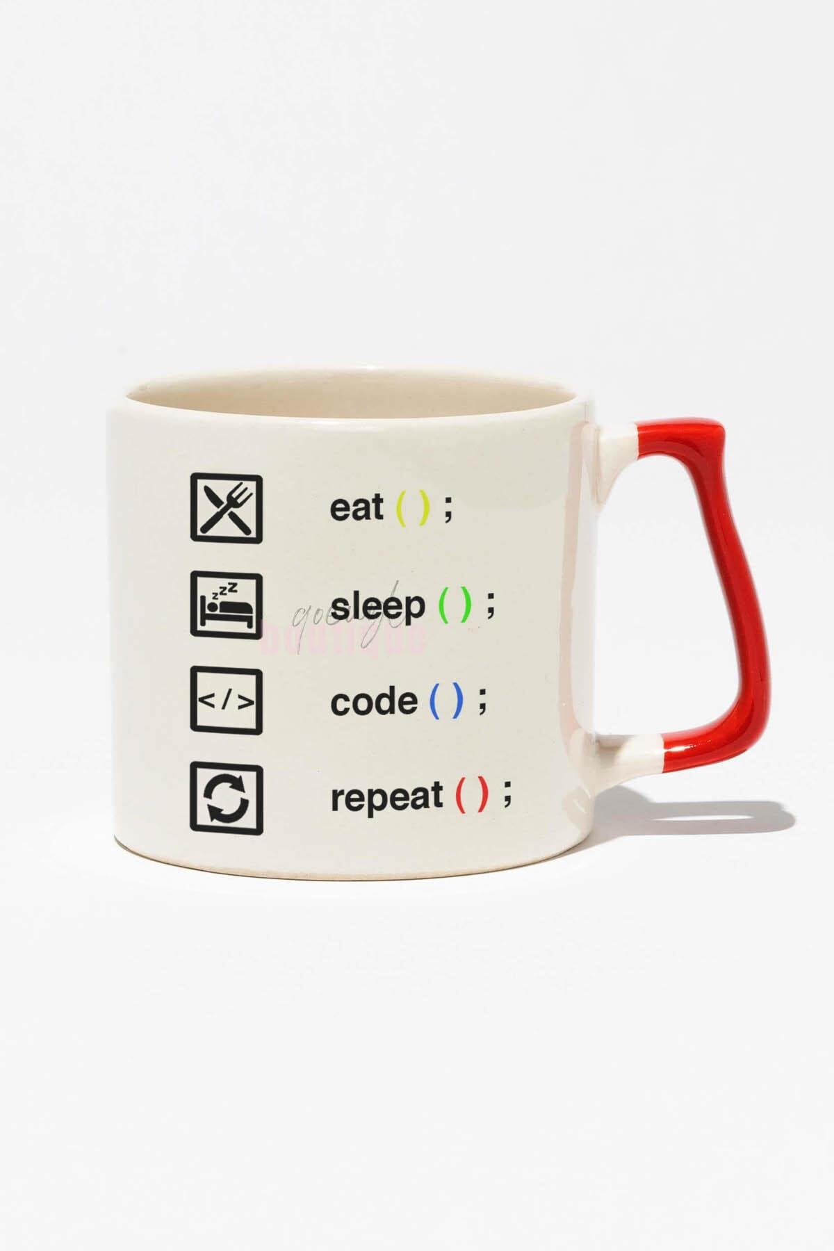 Eat Sleep Code Repeat Baskılı | Yazımcı Mühendis Hediyelik | Kırmızı Kulplu Modern Seramik Kupa