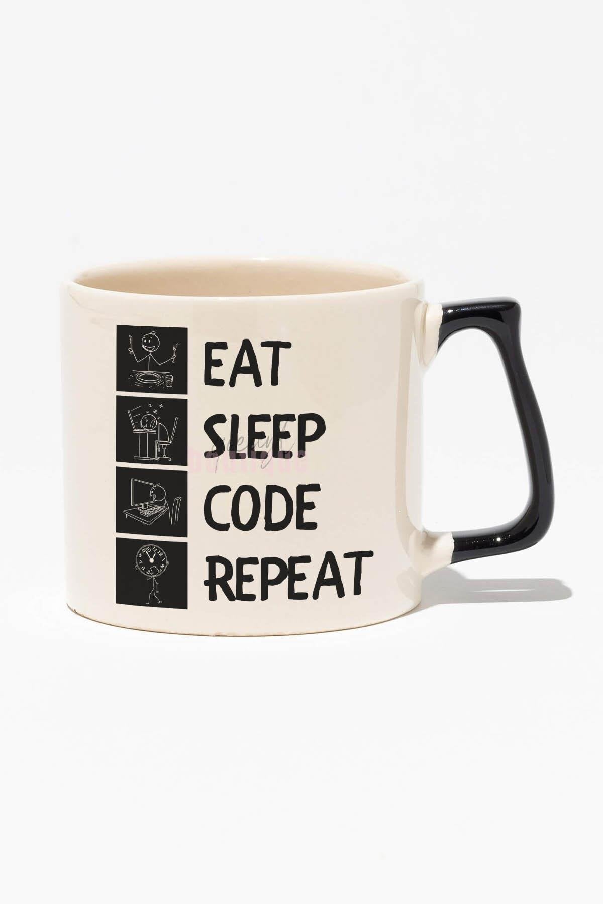 Eat Sleep Code Repeat Baskılı | Yazımcı Mühendis Hediyelik | Kırmızı Kulplu Modern Seramik Kupa