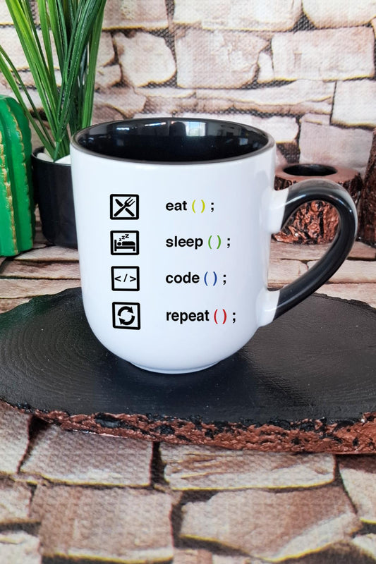 Eat Sleep Code Repeat Yazılımcı Mühendis Hediye Baskılı İçi ve Kulpu Siyah Premium Kupa Bardak