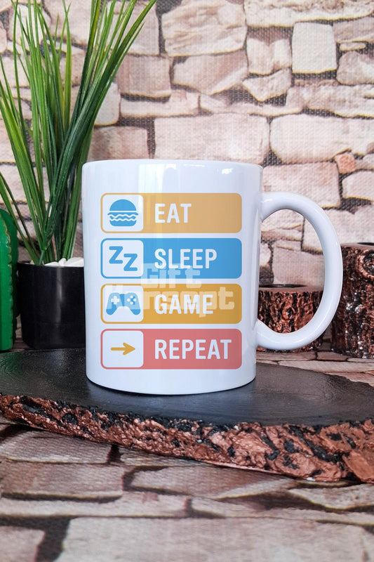 "Eat Sleep Game Repeat" Oyuncu Yaşam Döngüsü amer Hediyelik Baskılı Çay Kahve Sunum Kupa Bardak