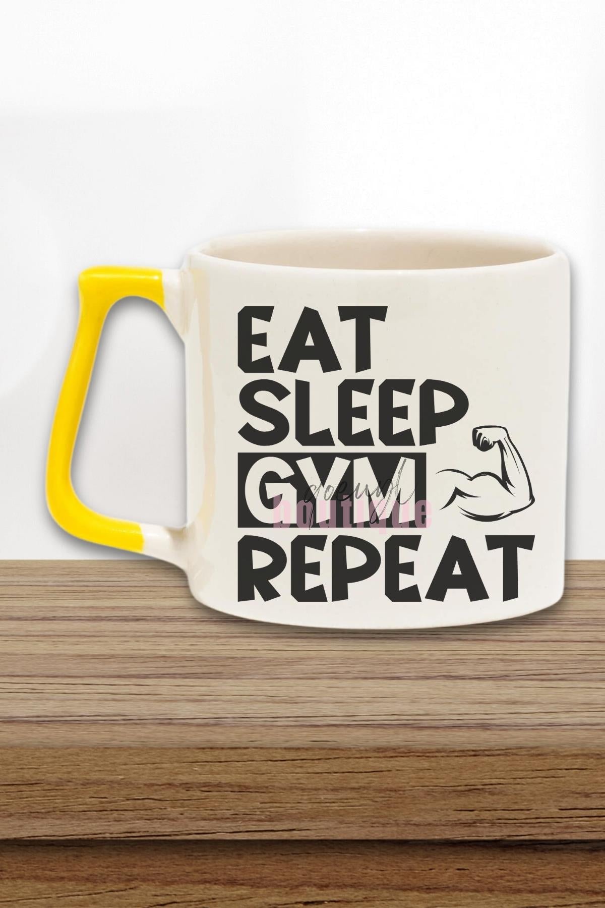 Eat Sleep Gym Repeat Yazılı Gym Spor Fitness Rutini Hediyelik Kulplu Kupa Bardak
