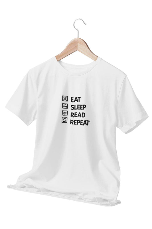 Eat Sleep Read Repeat Baskılı Eğlenceli Hediyelik Beyaz Unisex T-Shirt