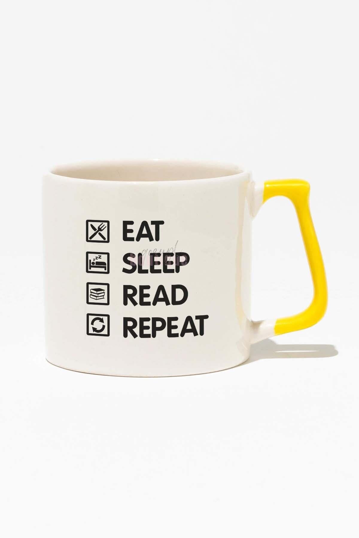Eat Sleep Read Repeat Baskılı Sarı Kulplu Modern Seramik Kupa
